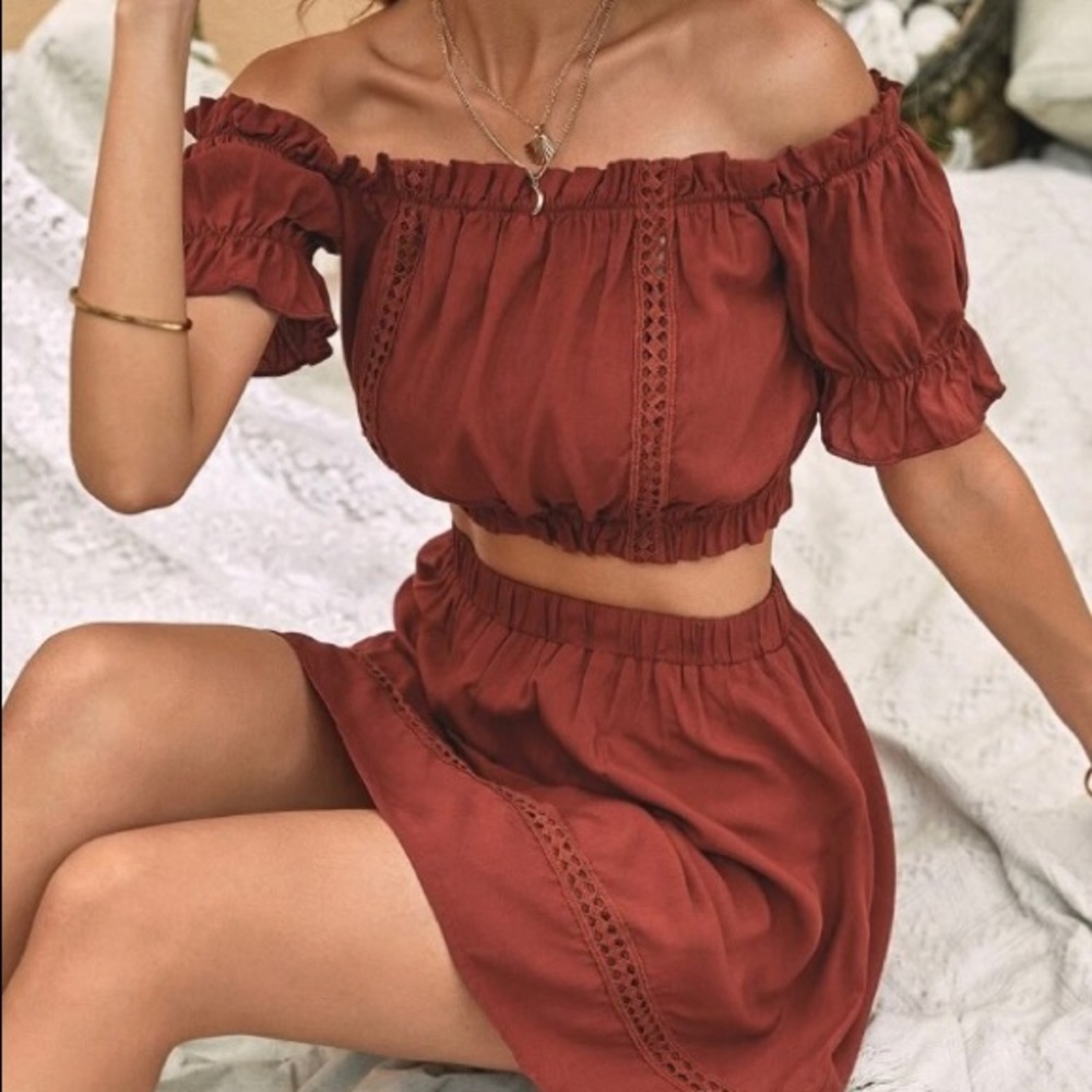 Frill Off Shoulder Crop Top & Lace Trim Skirt Set